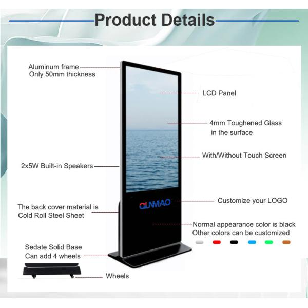 49-55 Inch Digital Signage Kiosk with 10-Point Capacitive Touchscreen 3840x2160 Resolution and IP54-Rated Casing