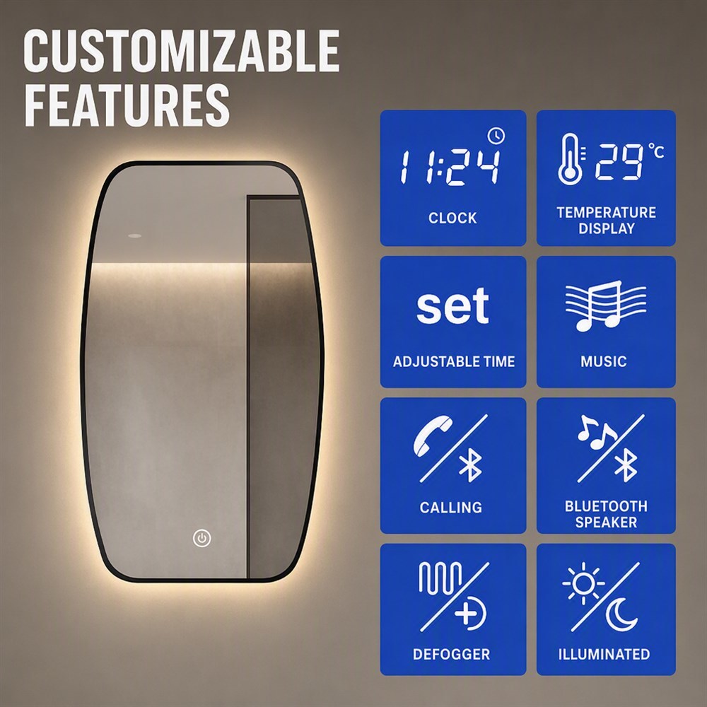 Organic Oblong Curved LED Mirror with Dimmable Backlight and IP44 Waterproof Copper-free Silver Glass