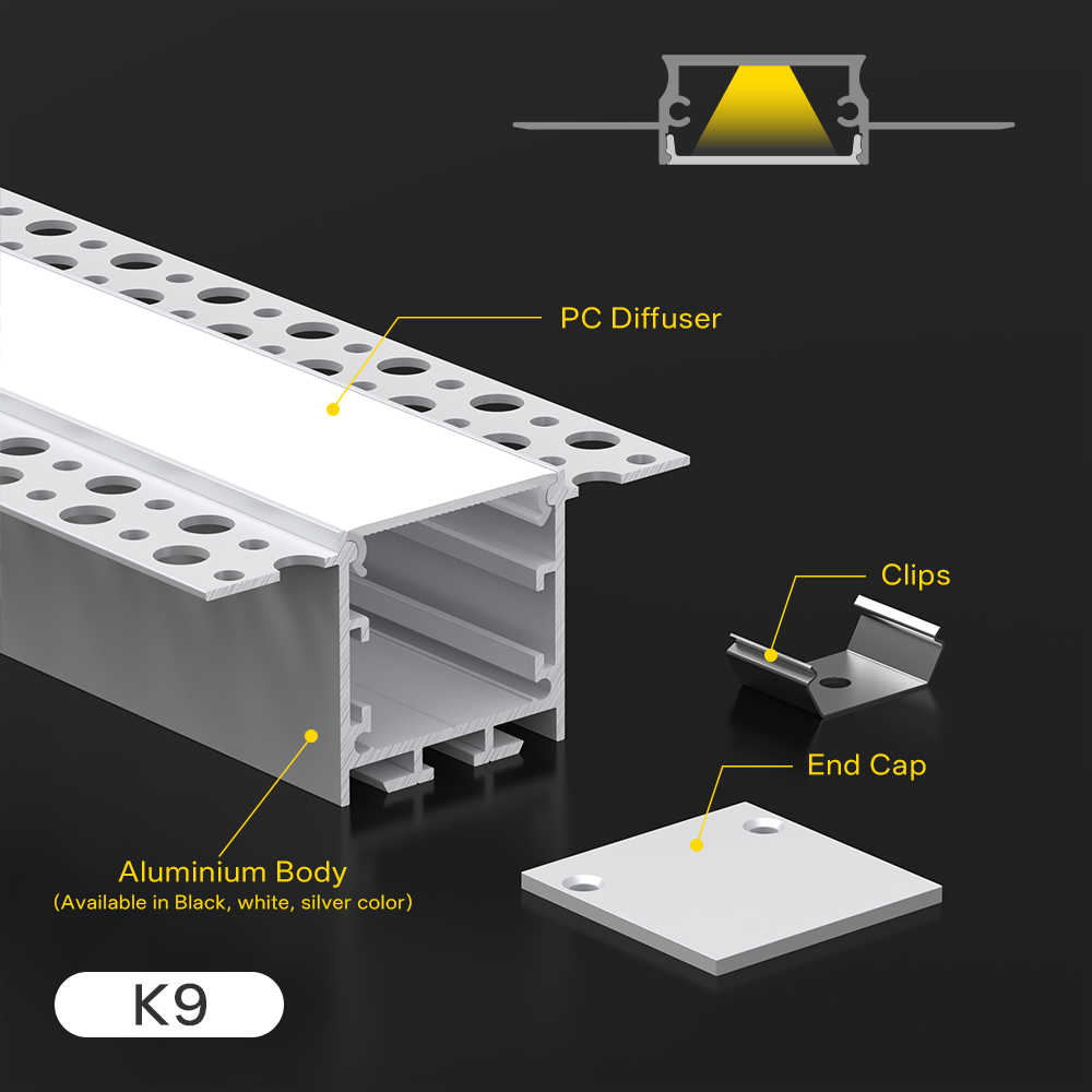 6000 Series Aluminum Alloy Profiles K&C LED Ceiling and Wall Linear Lights, Enclosed Recessed Extruded Channel K9