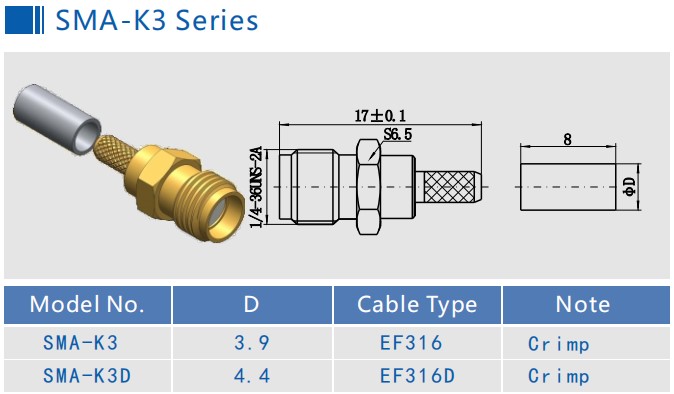 Brass Female 50Ω Impedance RG316 Cable SMA RF Connector