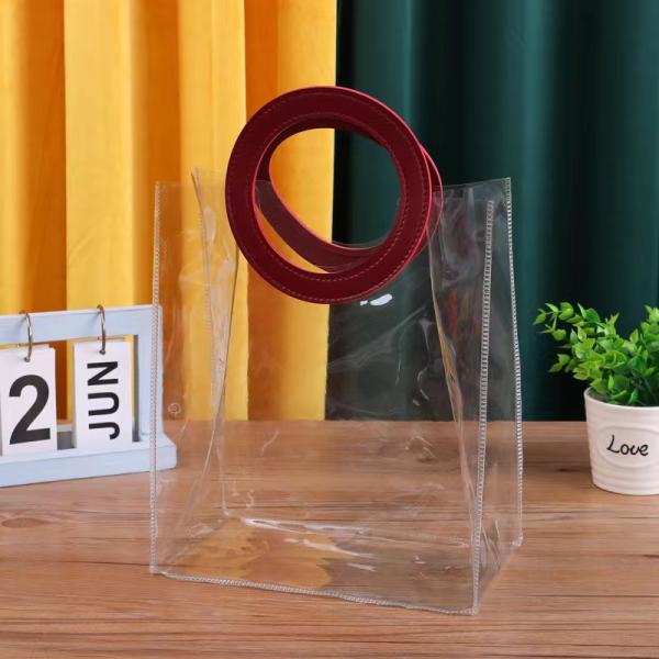 Leather Handle Reusable Handbag Transparent PVC Plastic Gift Wrap Tote Bag for BEACH BAG