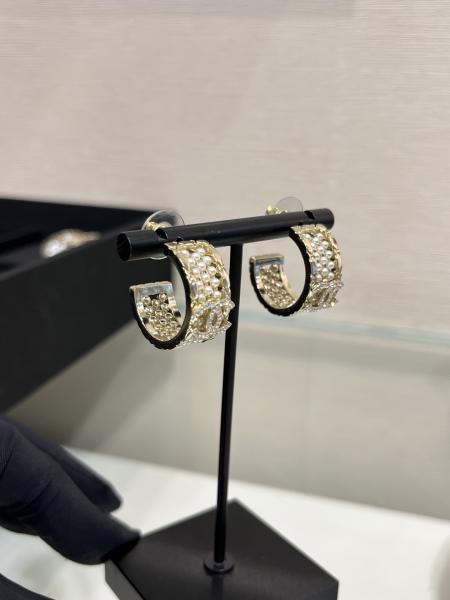 Light Gold Double C Pearl Hoop Earrings 18k Gold Plated