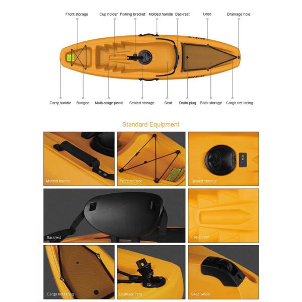 2.66m*0.66m Orange Fishing Kayak Single Person Pedal 125kg