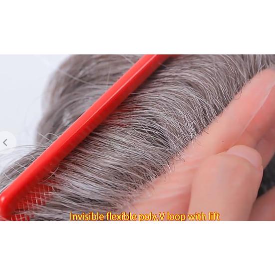 Invisible Pu Poly Base 0.02mm 0.03mm 0.04mm Super Thin Skin V Loop Men Human Hair Pieces Toupee with Gray Hair