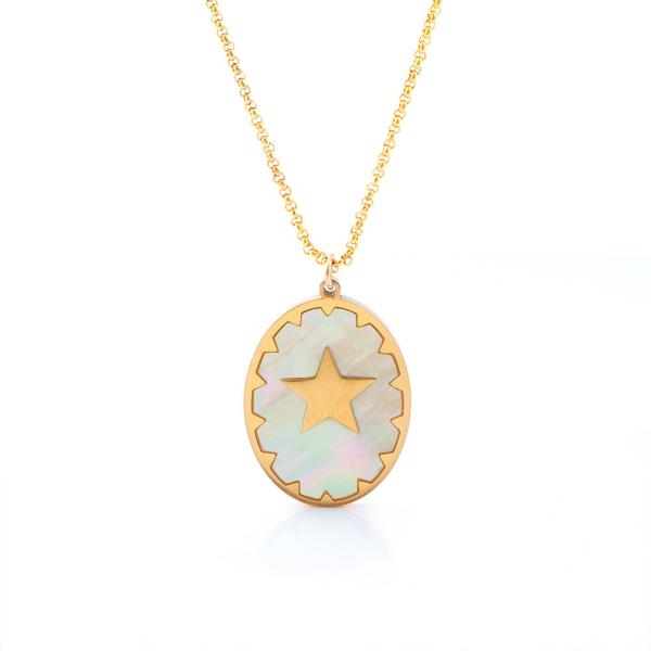 Stainless steel necklace, hanging tag pendant, women's pendant, inlaid with shell, drip glue, gold electroplating process