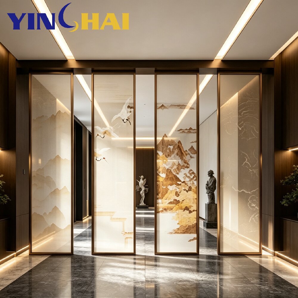 Custom Stainless Steel Frame Art Glass Partition Screen For Interior Decoration