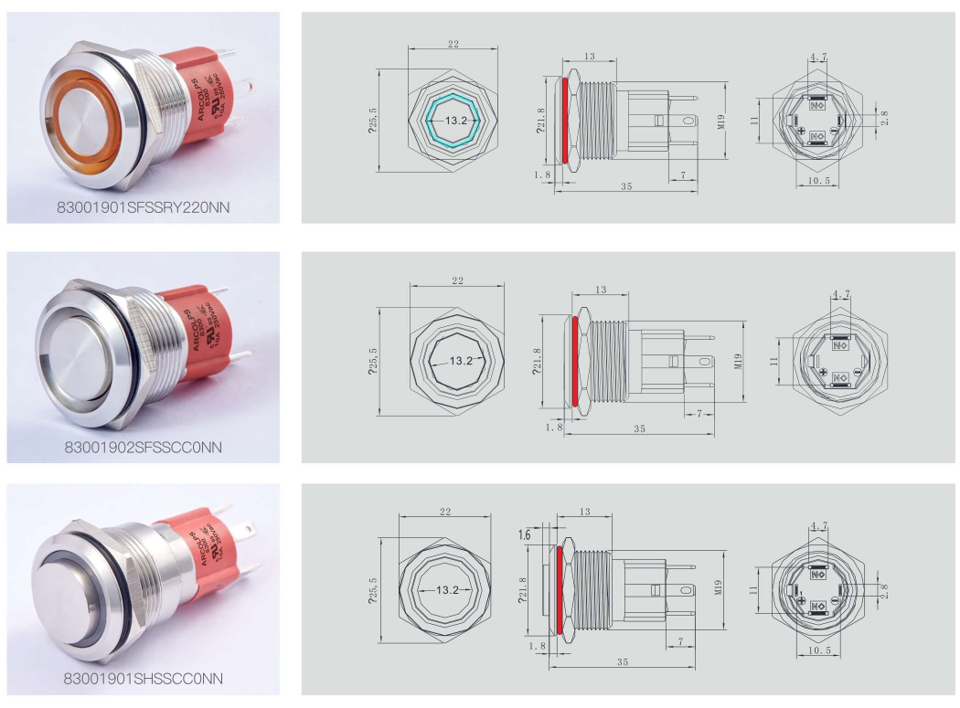 8300 Series Stainless Steel Metal Push Button Switch with IP66 Waterproof Rating and 10A 250V Current Capacity