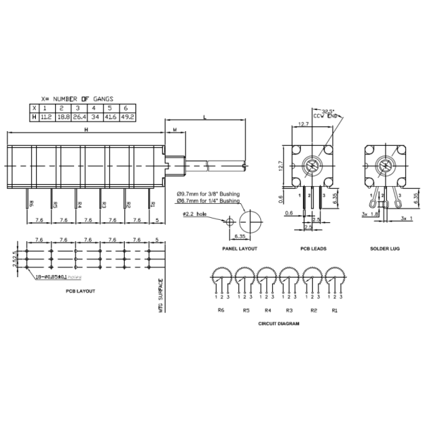 Durable TT Electronics P260S-D1BS2CB500 panel potentiometer featuring sealed design and multiple taper options