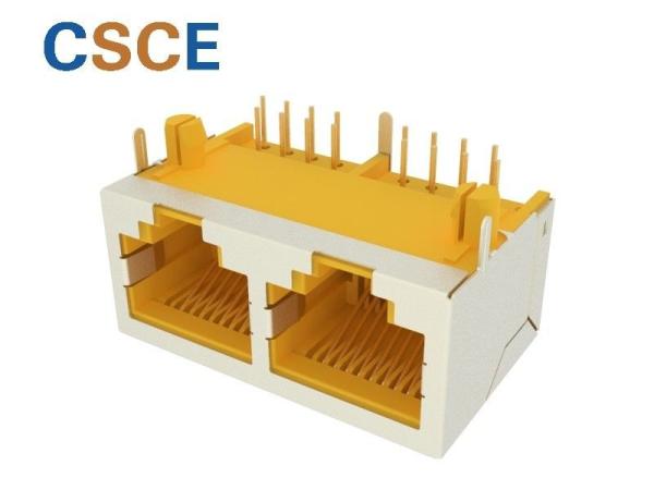 2 Ports RJ45 PCB Mount Connector , Stacked RJ45 Modular Jack Keystone Jack Insert Material UL94V-0