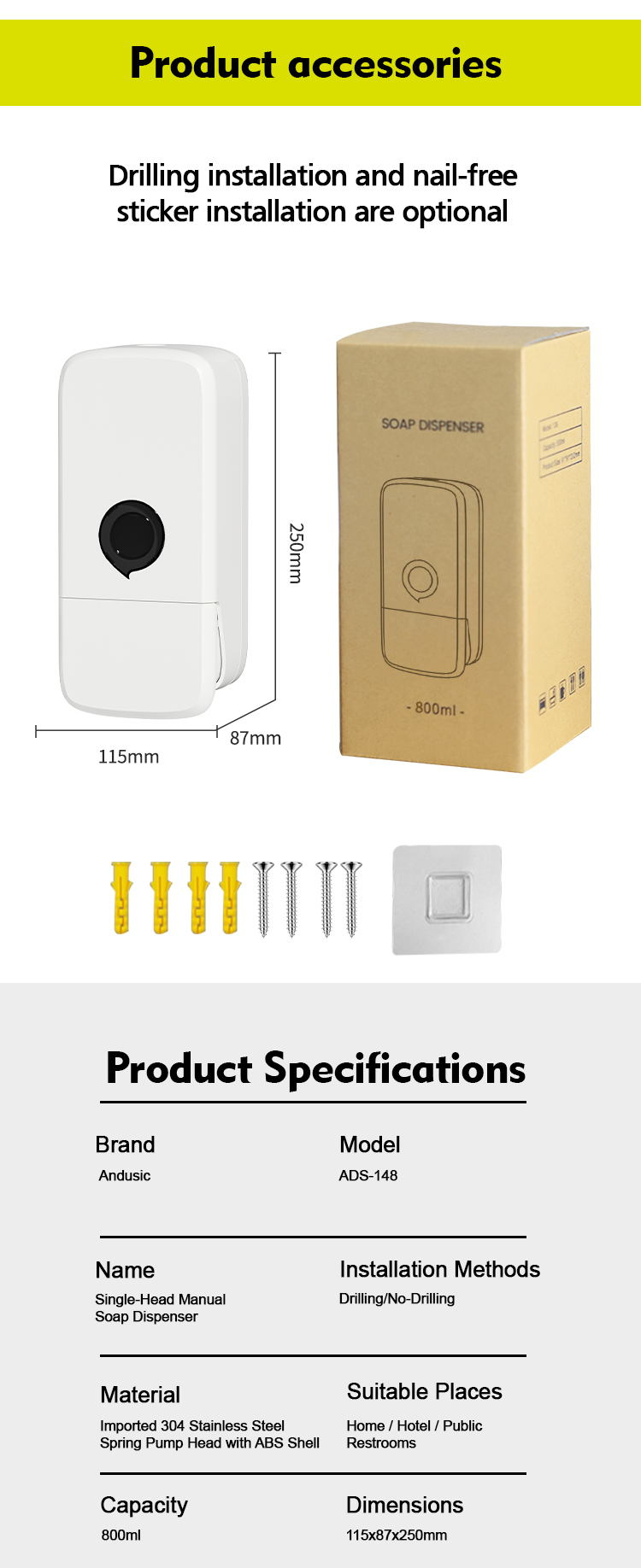 Modern Wall Mounted Pump Soap Dispenser 800ML Refillable For Home Hotel Bathroom Kitchen