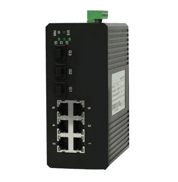 6 Port Managed Industrial Ethernet Switch with 3 1000Base-X SFP ports and 6 10/100Base-T(X) ports