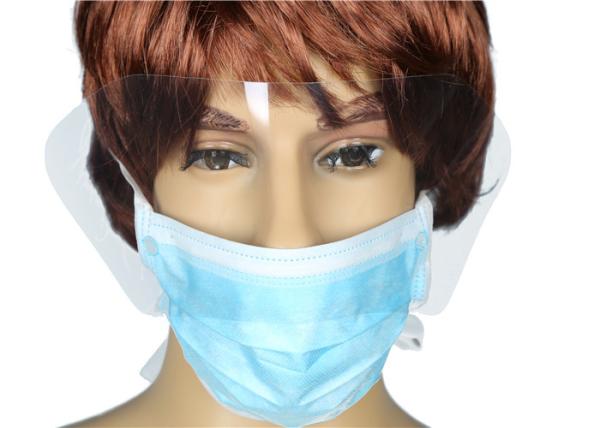 Máscara médica descartável azul do hospital com o protetor repelente fluido plástico