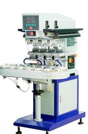 Pad printer, pad printing machine, tampo printing machine with conveyor