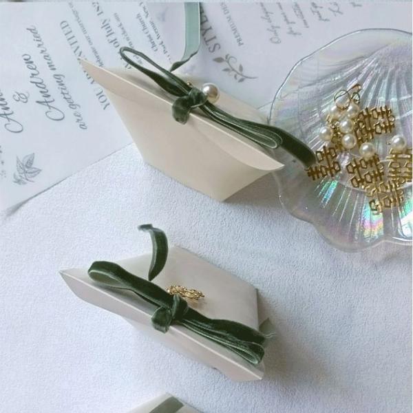 Custom French Wedding Gift Box with Gold Foil and Green Ribbon