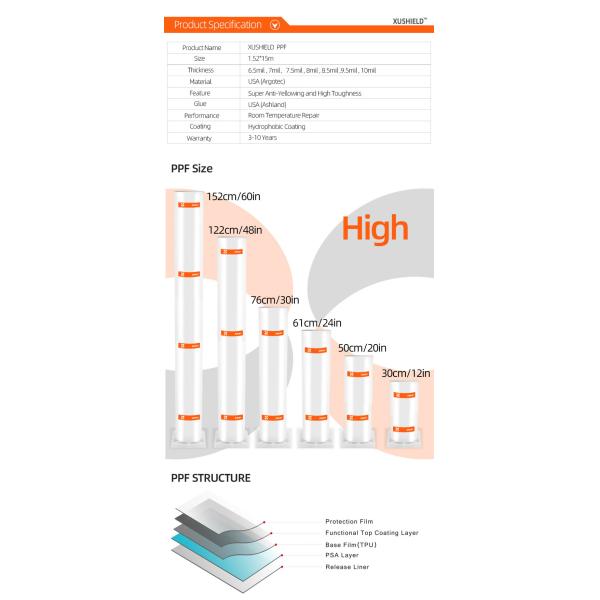 XUSHIELD 8.5mil Высокая глянцевая гидрофобность высокое качество Противоподразнительное тепловое восстановление Прозрачная защитная пленка от автомобильной краски TPU