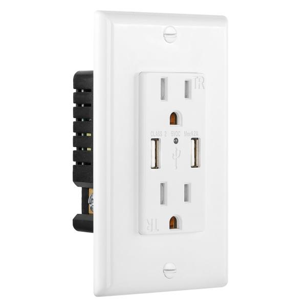 PC ABS Electrical 15A 120V USB Wall Outlet 5V DC Dual Port Hotel Charging Socket