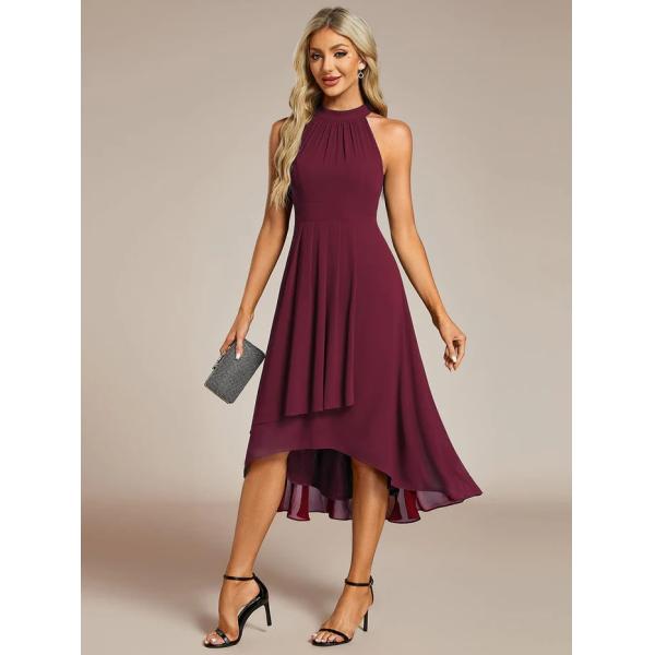 A Line Sleeveless Halter Neck Wedding Guest Dress Burgundy Chiffon Cocktail Dresses