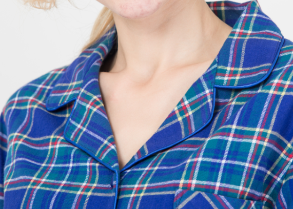 Checked Style Women'S Button Up Nightshirt Dress With Piping And Satin Fabric Buttons