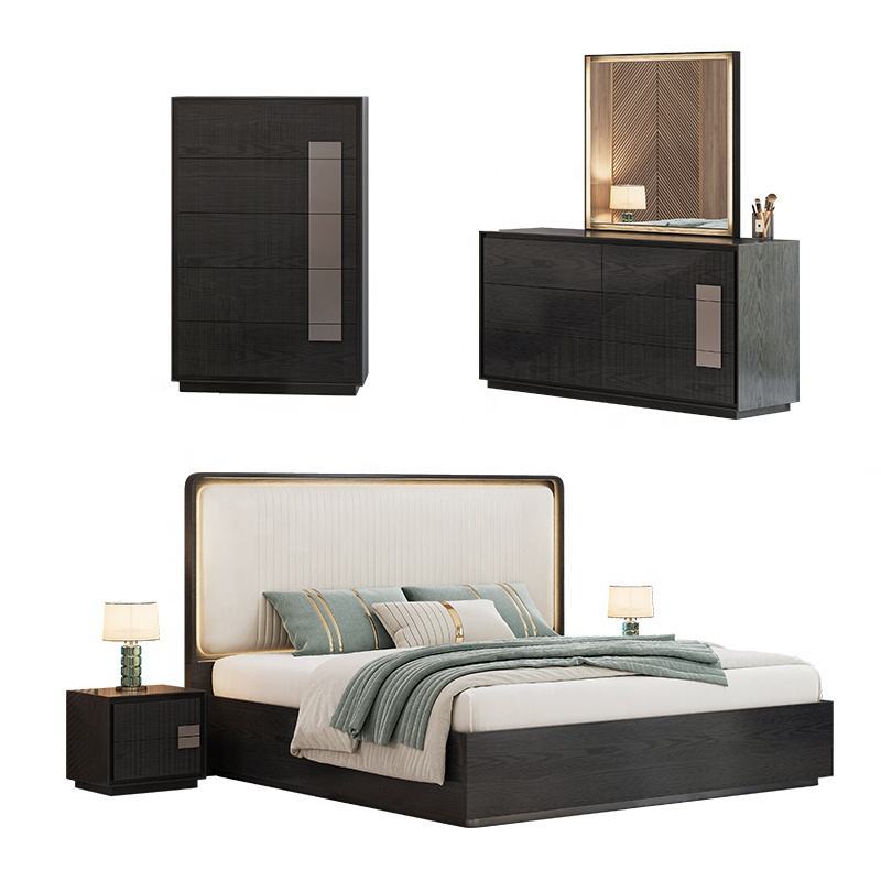 Minimalist king Size Bed Luxury Bedroom Sets Hotel Apartment Wooden Frame Modern Bedroom Furniture Set with Dresser Side Cabinet