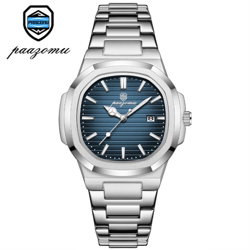 Men's Square Nautilus Style Automatic Watch – Tapestry Dial Steel Bracelet