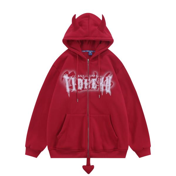 8oz 12 Ounce Zipped Hooded Sweatshirt Devil Horn Printed Fleece Blank Unisex Couple Men Oversized Full Zip Up Pullover