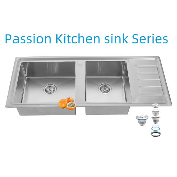 12050 Handmade Kitchen Stainless Steel Doubel Bowl Sink With Drainboard