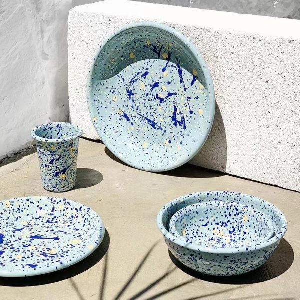 EU FDA Certified Enamelware Plate Set Enamel Rolled Edge Tableware Sets Multi Size