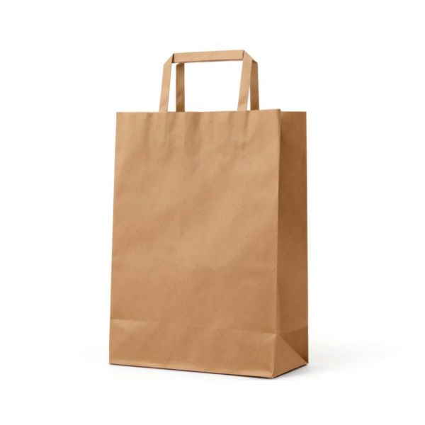 Eco friendly recyclable kraft paper flat handle bag designed for grocery shopping food takeaway and sustainable packaging