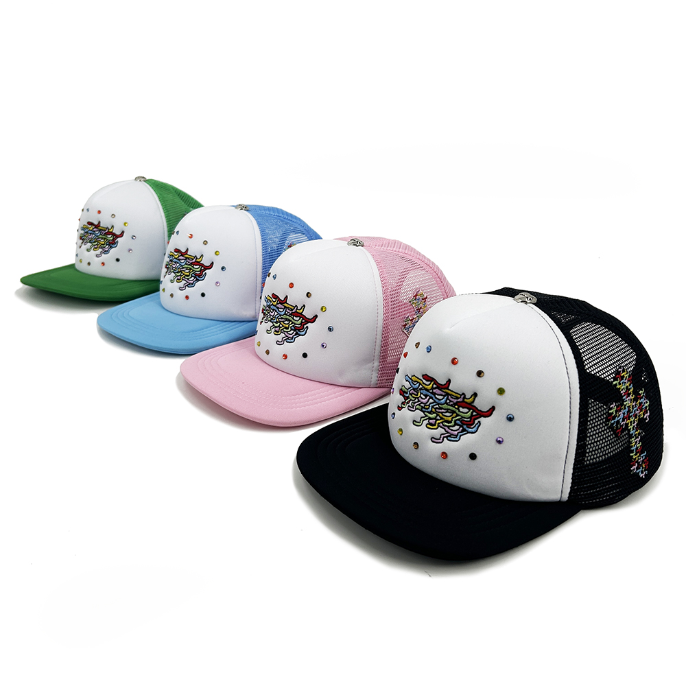 Trucker Foam Mesh Snapback Hat Embroidery Rhinestone Blank Cap Flat Brim Adjustable Breathable