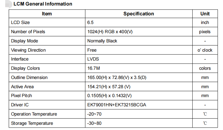 6,5 дюйма RGB 1024x400 ставит точки панель LVDS LCD Адвокатуры взаимодействует 600 Nits протянул дисплей Адвокатуры