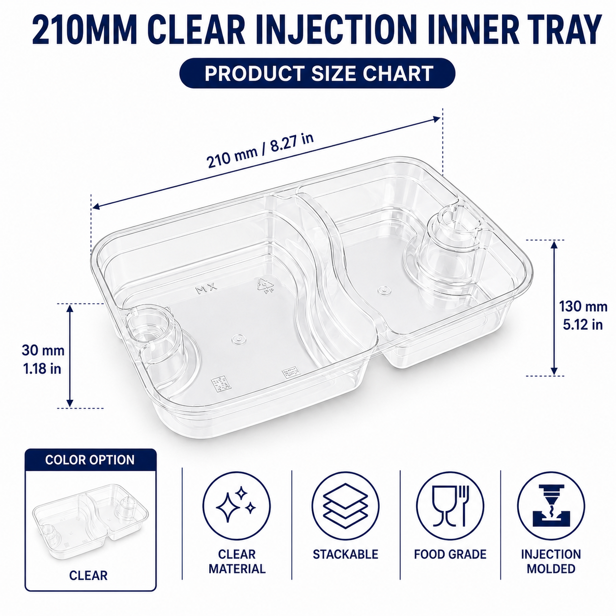 210mm Clear Two Compartment Inner Tray for Combination Meal Packaging