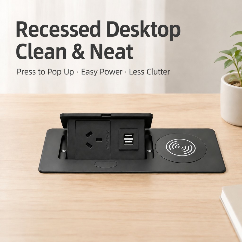SAA Certified Recessed Pop Up Socket Box with Wireless Charger and Dual USB-A for Desk Power Hub