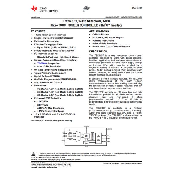 TSC2007IPWR IC Электронные компоненты 4-проводные I2C TSSOP-16 катушка 8 бит