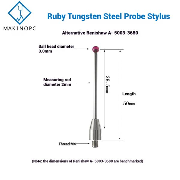 Renishaw Probe A-5003-3680 Steel Stylus 3mm Ruby Ball 50mm Length Tungsten Styli Replacement for CNC Lathe Machine 3 Months