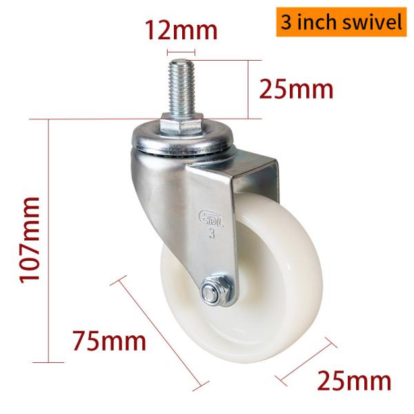 White Light Duty Threaded 3 Caster Wheels With Brakes 363S-23