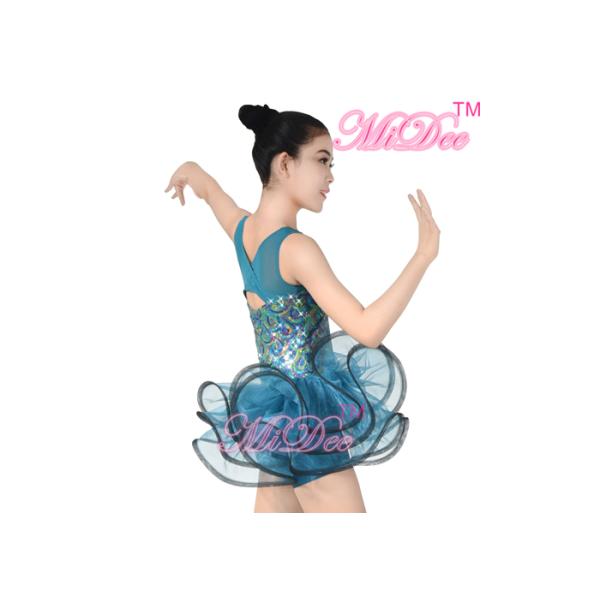 Leotard Peacock Sequins Ballet Dance Costumes One Side Organza Skirt for Adult