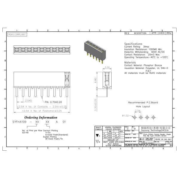 2.54mm Single Row Female Header Connector 1*2PIN To 1*40PIN Board to Board Connector
