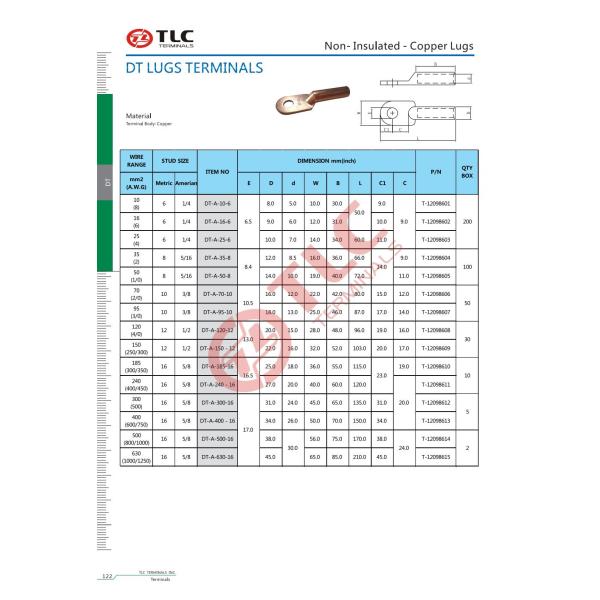 10-630mm2 Silver Mechanical Cable Lugs High Current Rating Electrical Connections  DT LUGS