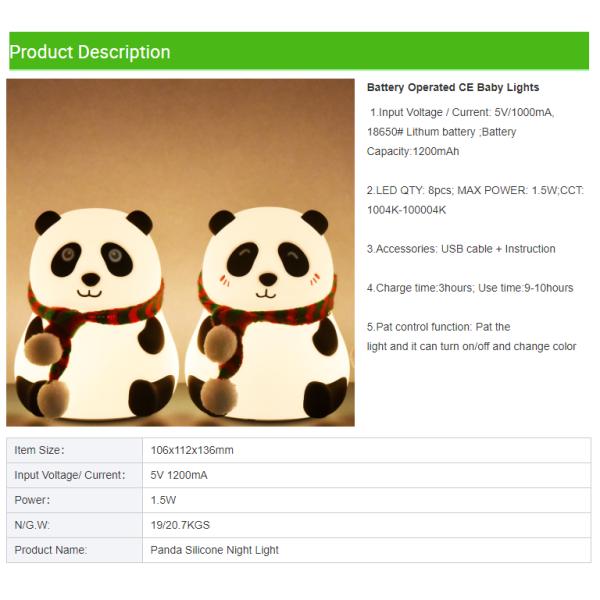 Silicone Panda Led Table Night Light energy saving CE ROHS certificate