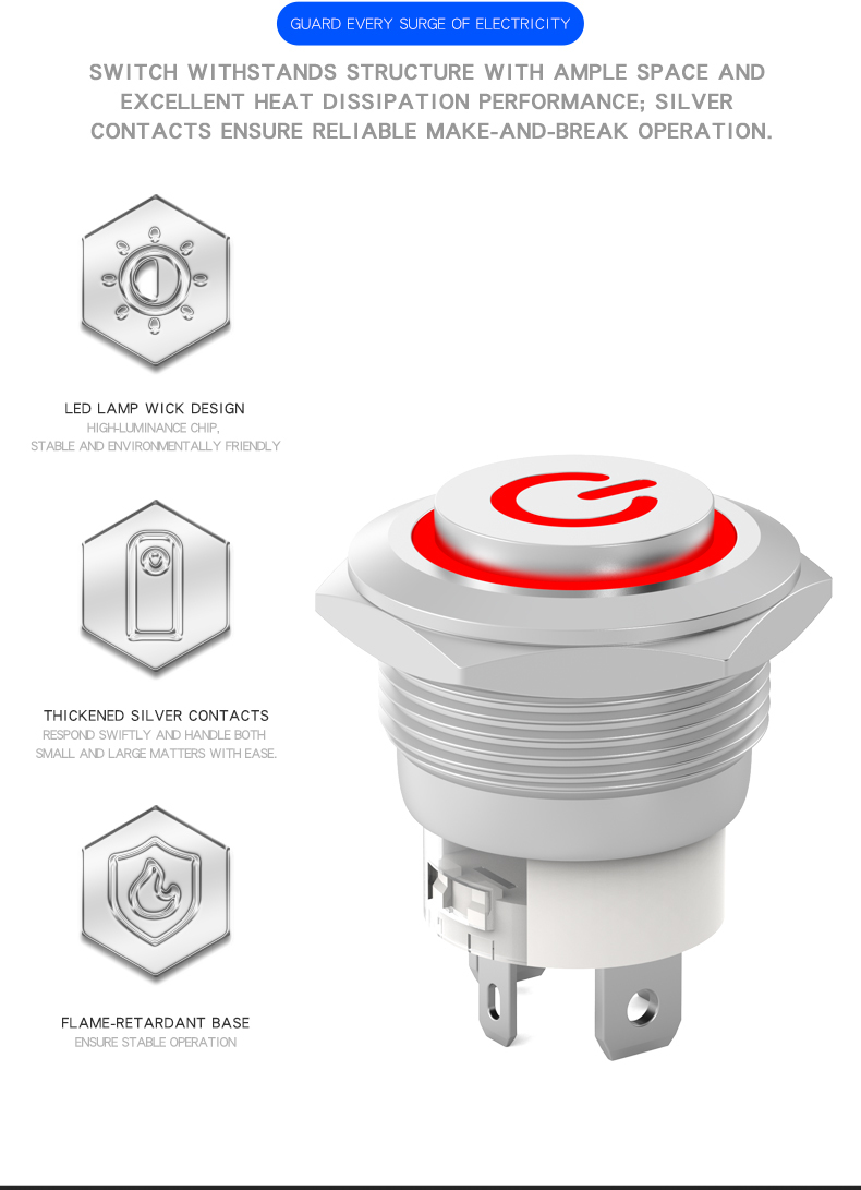 Metal Push Button Switch, Short Type, High Current 19mm Power Button with Light, Self-Locking and Self-Reset Start-Stop Switch