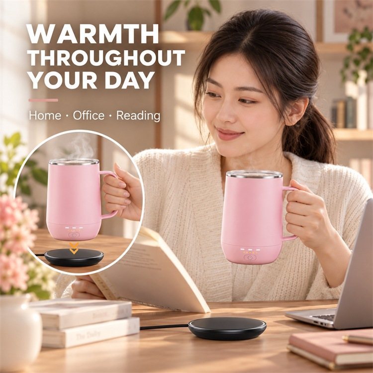 Wireless Charging Heated Mug, Multiple Temperature Settings with One-Button Control, Rechargeable Cordless Coffee Cup with Stainless Steel Liner, Custom Color Logo and Packaging