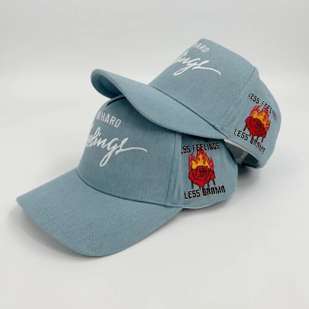 Custom A frame Denim Baseball Caps Fabric 3D Embroidered 5 pane Deniml Two tone