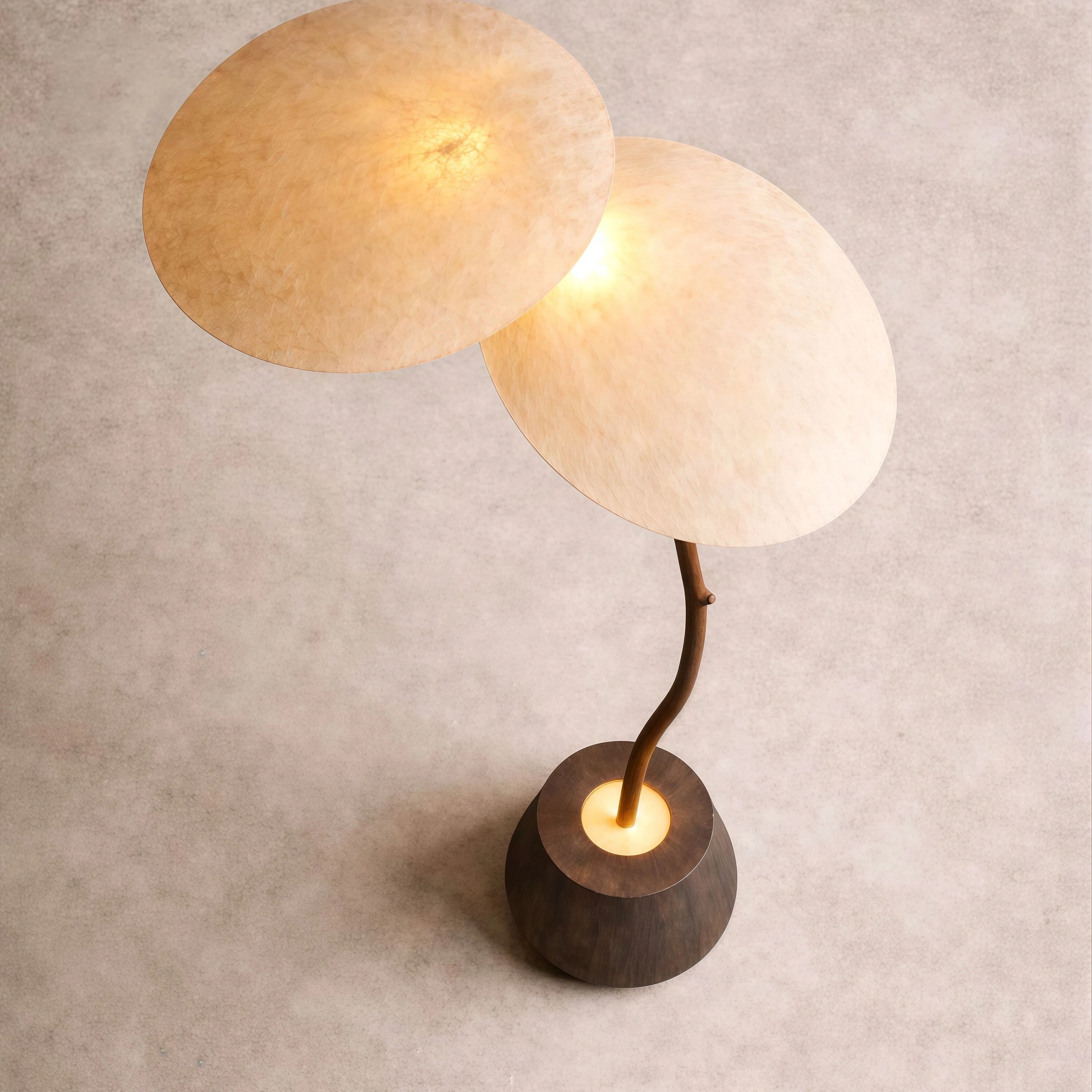 JYLIGHTING Wabi‑Sabi Curved Wood Fabric Shade Floor Lamp, Dual‑Shade Standing Ambient Light for Sofa Side, Villa and Upscale Residential Projects