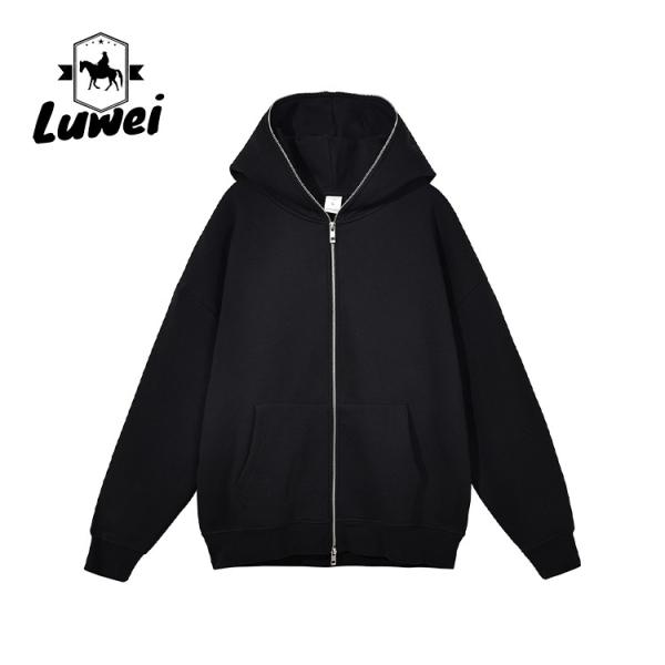 Zip Up Heavyweight Cotton Hoodie Cropped Winter Polyester Solid Male Black
