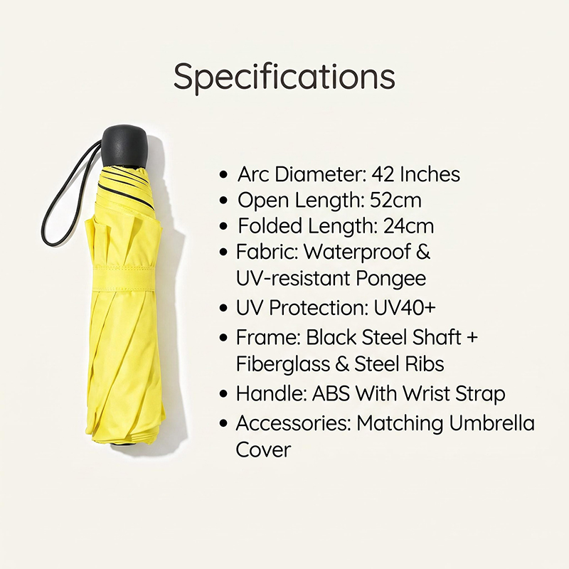 Compact UV40+ Travel Umbrella with 42-inch Arc and 8-Rib Lightweight Construction