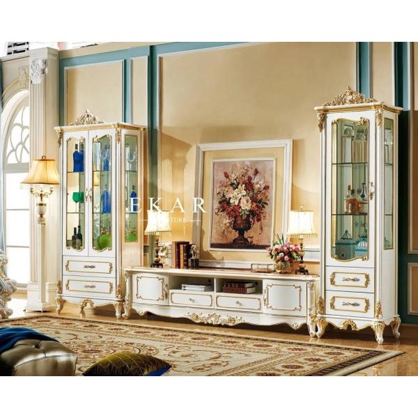 Antique Luxury Marble Top Wooden  Tv Stand Cabinet With Drawer