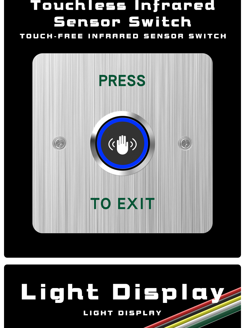 Infrared sensor exit button switch, 86-type outdoor waterproof stainless steel access control switch panel, touch-free