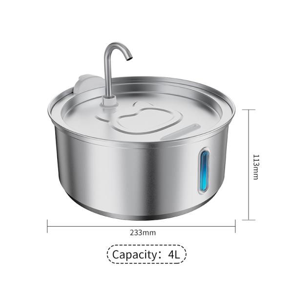 Stainless Steel Large Capacity Drinking Fountain Bowl 4L For Cats And Dogs