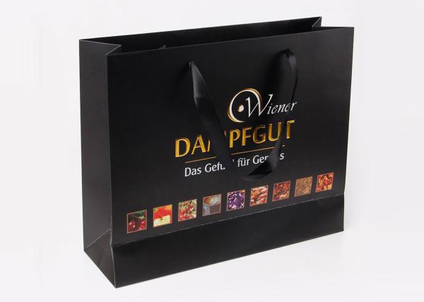 Black Matte Custom Paper Bags With Handles , Ribbon Handle Imprinted Paper Bags