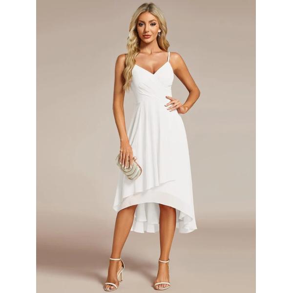Plus Size Elegant V-neck Spaghetti Strap High-low Chiffon Wedding Guest Dress White Graduation Dresses